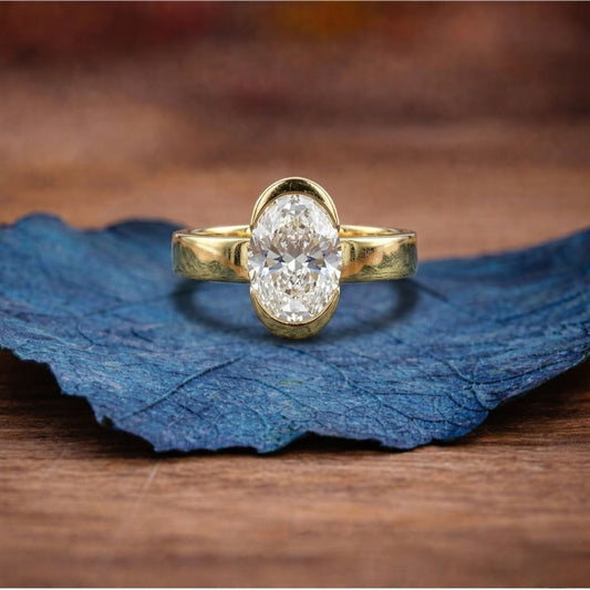 Half Bezel Oval Cut Moissanite Engagement Ring Unique Gold Wedding Anniversary Ring