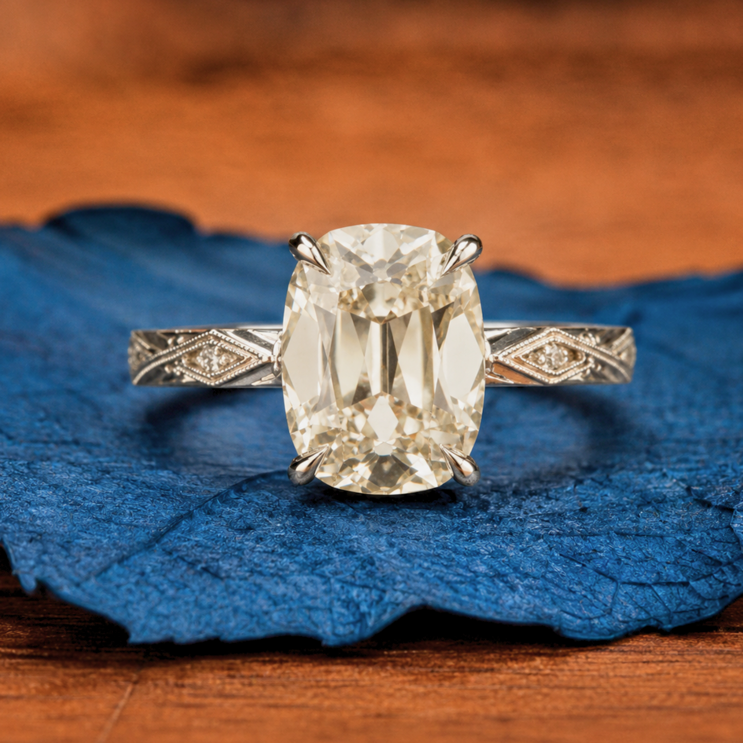 old mine elongated cushion vintage lab grown engagement ring