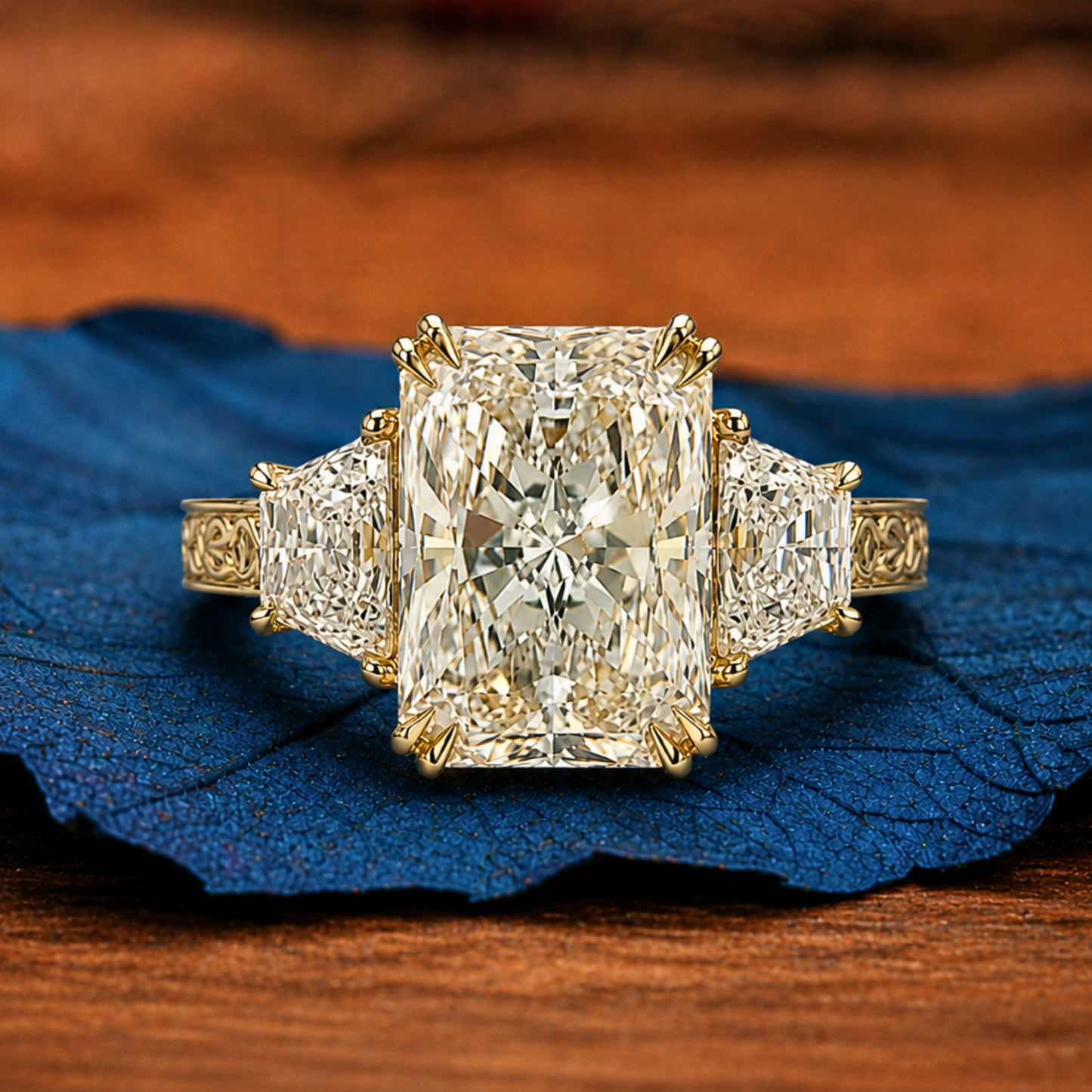 radiant lab grown engagement ring three stone vintage inspired gold wedding ring