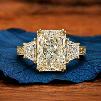 Radiant Lab Grown Engagement Ring Three Stone Vintage Inspired Gold Wedding Ring