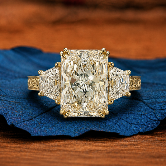 Radiant Lab Grown Engagement Ring Three Stone Vintage Inspired Gold Wedding Ring