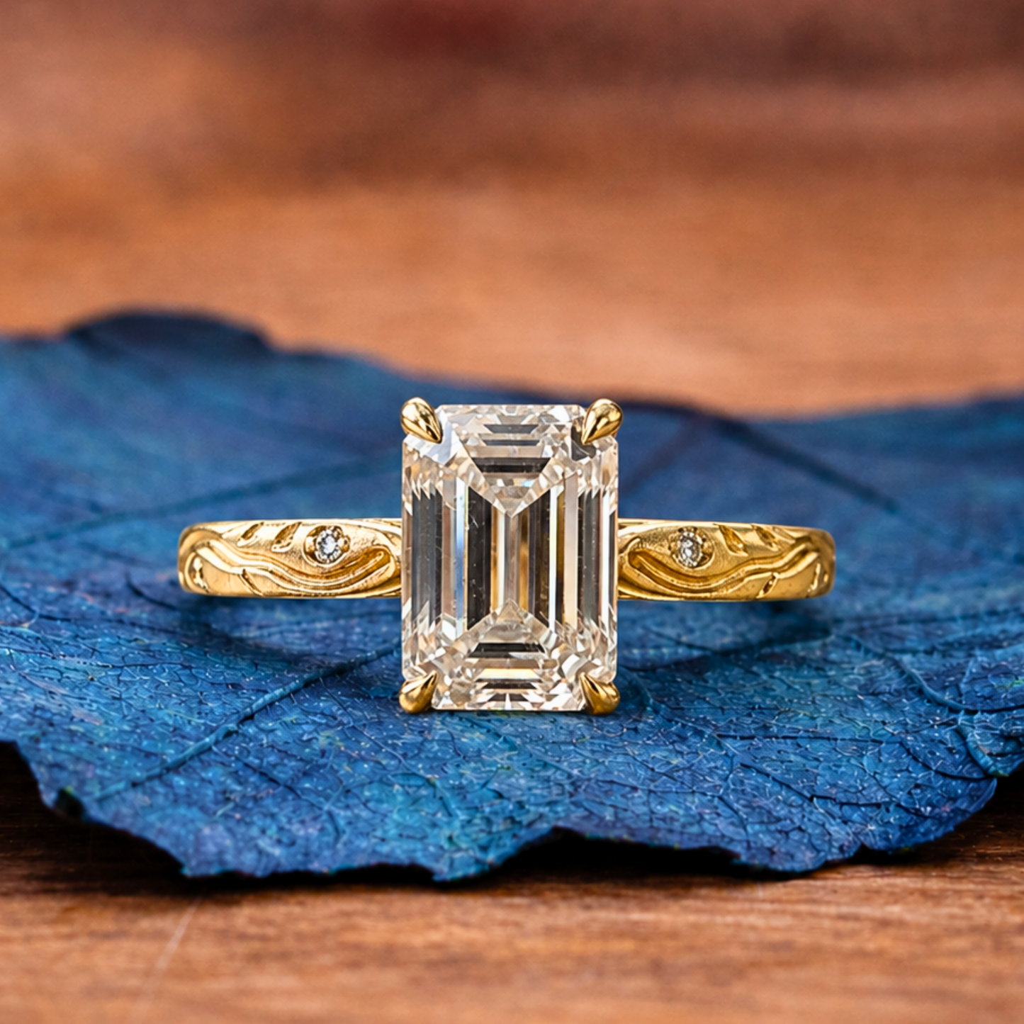emerald cut lab grown engagement ring gold solitaire engraved ring