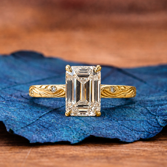 Emerald Cut Lab Grown Engagement Ring Gold Solitaire Engraved Ring