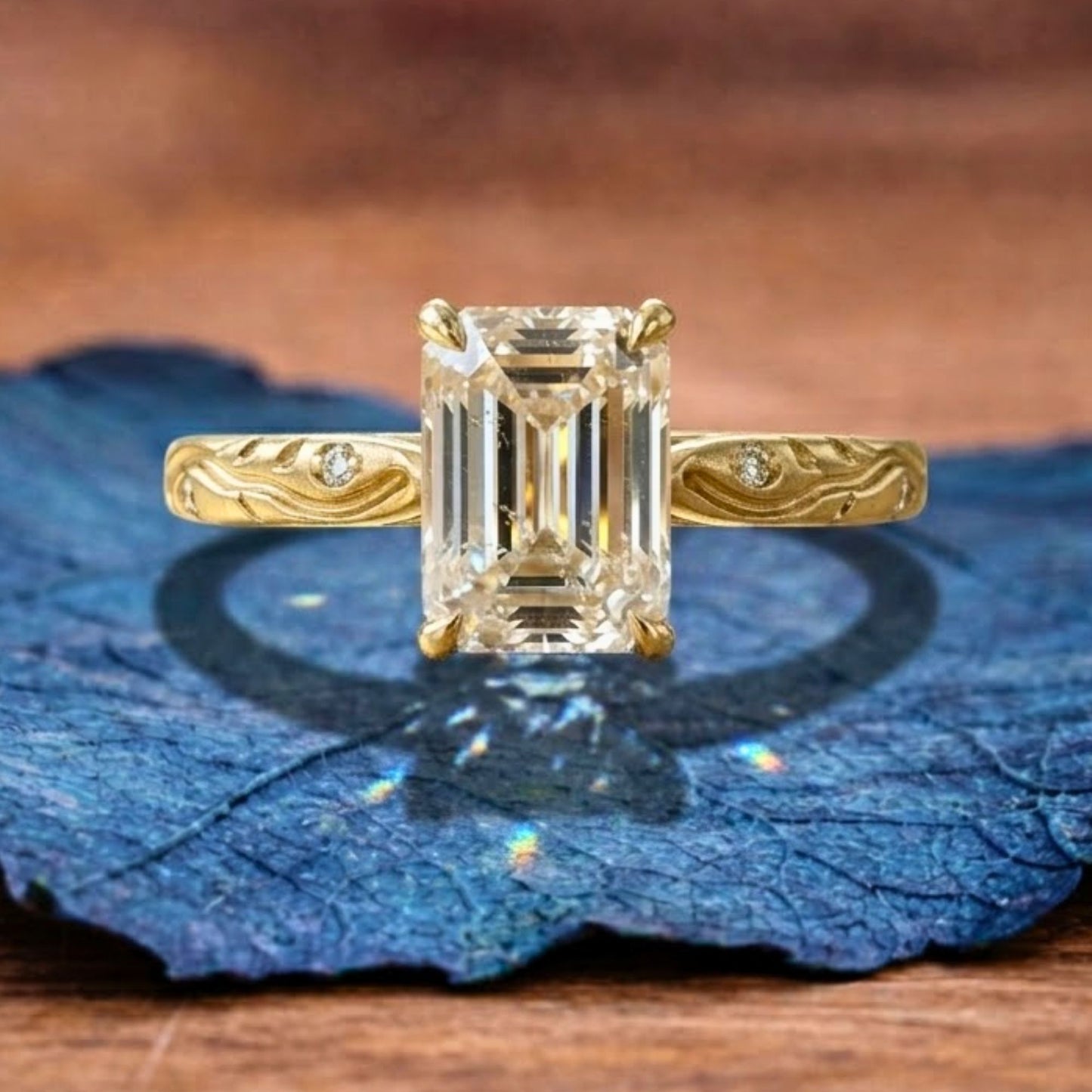 emerald cut lab grown engagement ring gold solitaire engraved ring