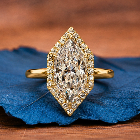 Dutch Marquise Lab Grown Halo Set Engagement Ring Solid Gold Wedding Ring