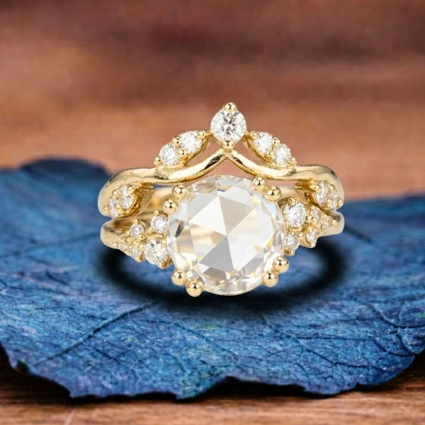 rose cut moissanite engagement ring set gold bridal wedding ring set