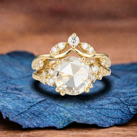 Rose Cut Lab Grown Engagement Ring Set Gold Bridal Wedding Ring Set