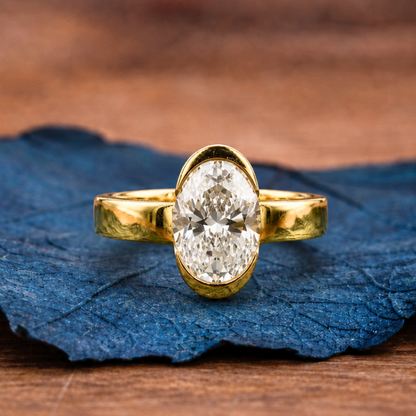 Half Bezel Oval Cut Moissanite Engagement Ring Unique Gold Wedding Anniversary Ring