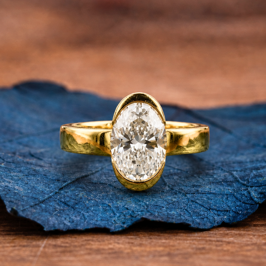 Half Bezel Oval Cut Lab Grown Engagement Ring Unique Gold Wedding Anniversary Ring