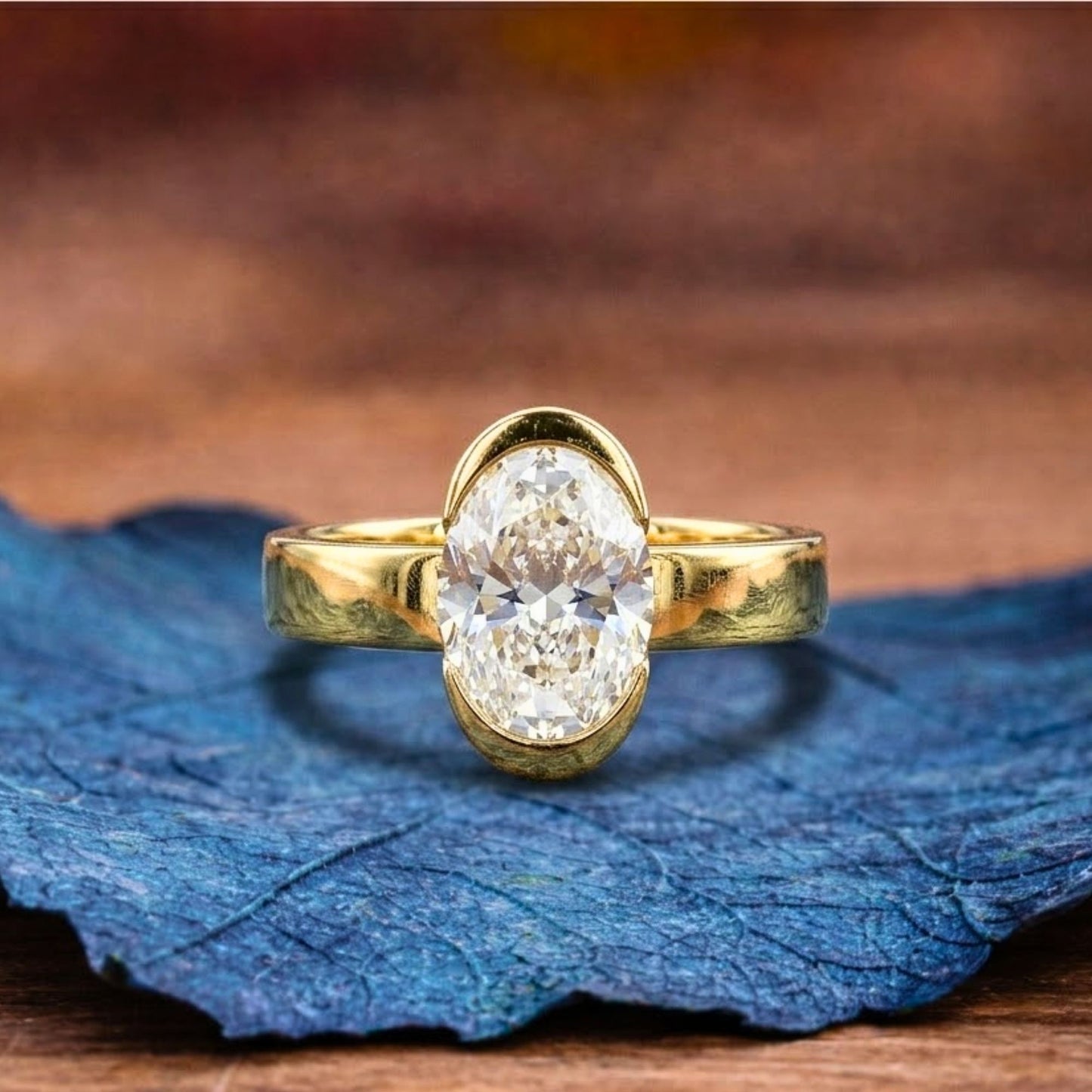 half bezel oval cut lab grown engagement ring unique gold wedding anniversary ring