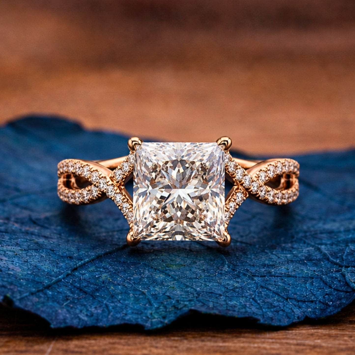 princess cut lab grown engagement ring twisted band gold wedding ring