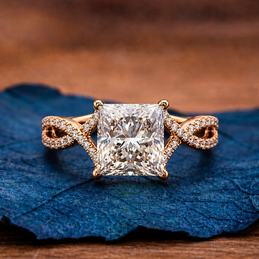 Princess Cut Lab Grown Engagement Ring Twisted Band Gold Wedding Ring