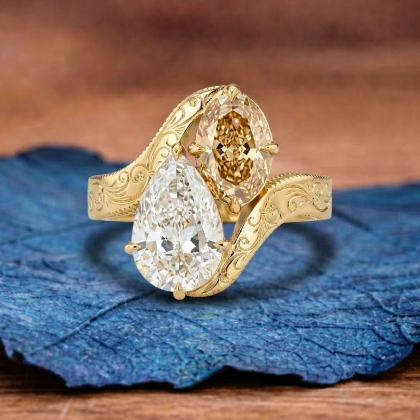 3.50 tcw pear and brown oval toi et moi moissanite engagement ring engraved band gold ring