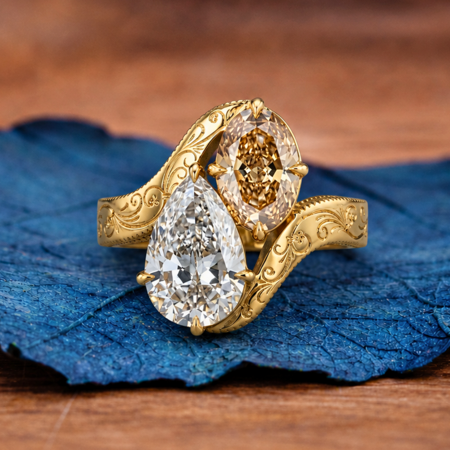 3.50 tcw pear and brown oval toi et moi lab grown engagement ring engraved band gold ring