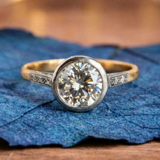 Round Cut Bezel Set Moissanite Engagement Ring Gold Two Tone Wedding Ring