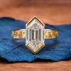 Hexagon Cut Half Bezel Set Lab Grown Engagement Ring Gold Engraved Band Wedding Ring