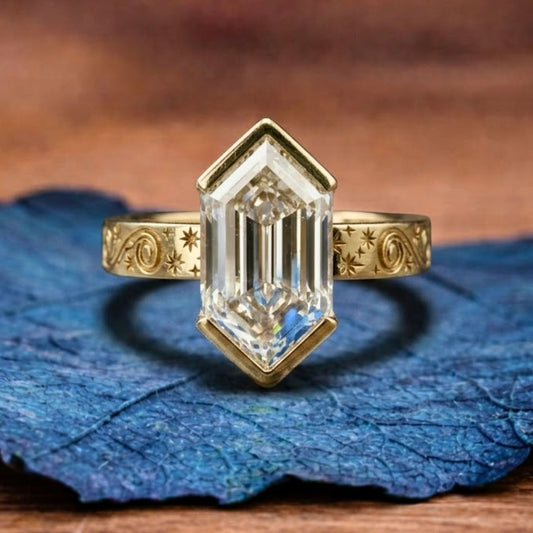 Hexagon Cut Half Bezel Set Moissanite Engagement Ring Gold Engraved Band Wedding Ring