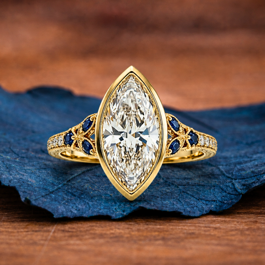 Art Deco Bezel Set Marquise Lab Grown Engagement Ring Vintage Gold Wedding Ring