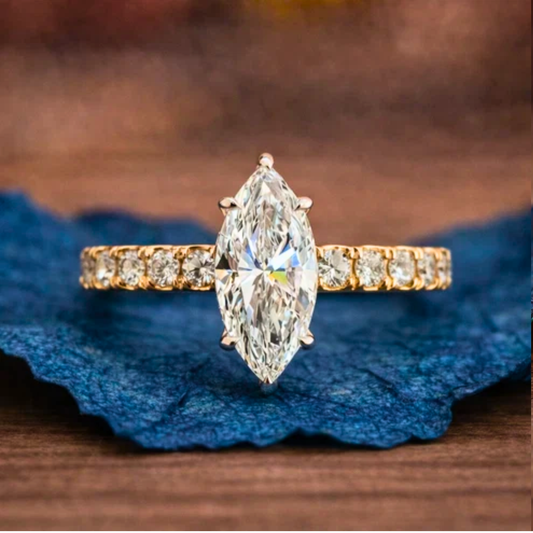 Marquise  Lab Grown Diamond Engagement Ring Yellow Gold Band With Side Diamonds Vintage Milgrain Setting