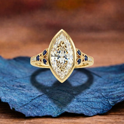 Art Deco Bezel Set Marquise Lab Grown Engagement Ring Vintage Gold Wedding Ring