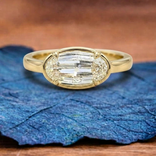 Moval Cut Moissanite Engagement Ring East West Gold Bezel Set Ring