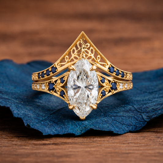 Vintage Marquis Moissanite  Engagement Ring Set Art Deco Bridal Set Gold Wedding Ring Set