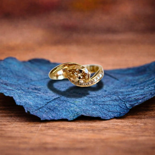 Light Brown Pear Moissanite Engagement Ring V Prong East West Wedding Ring