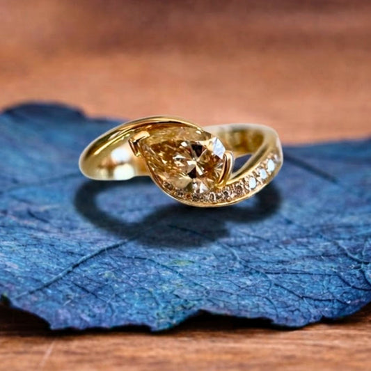 Light Brown Pear Moissanite Engagement Ring V Prong East West Wedding Ring