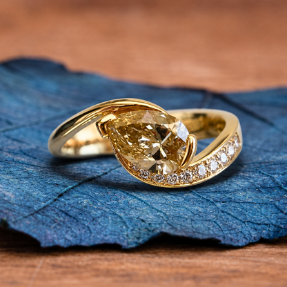 Light Brown Pear Moissanite Engagement Ring V Prong East West Wedding Ring