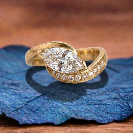 East West Marquise Moissanite Engagement Ring V Prong Wedding Ring