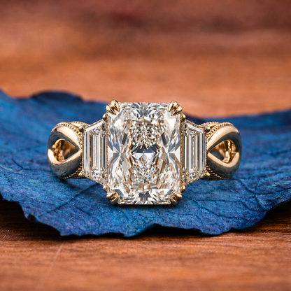 Radiant Moissanite Engagement Ring Three Stone Gold Wedding Ring