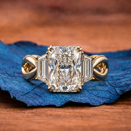 Radiant Lab Grown Engagement Ring Three Stone Gold Wedding Ring