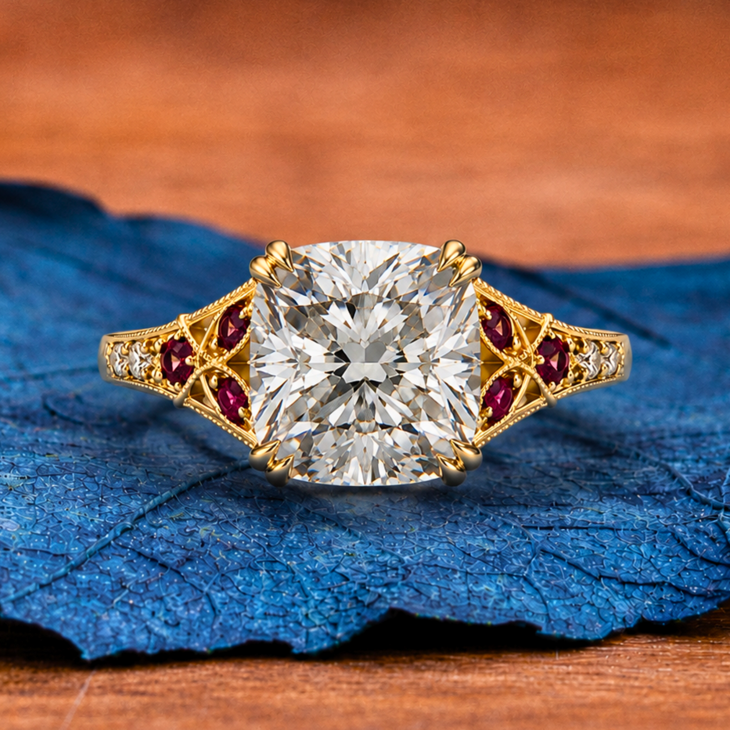 double claw prong  cushion vintage lab grown engagement ring art deco gold wedding nature inspired ring