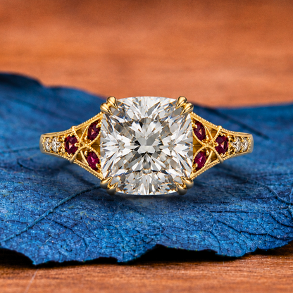 Double Claw Prong  Cushion Vintage Lab Grown Engagement Ring Art deco Gold Wedding Nature Inspired Ring