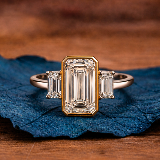 Emerald Cut Moissanite Diamond Three Stone Engagement Ring Bezel Setting Handmade Luxury Ring