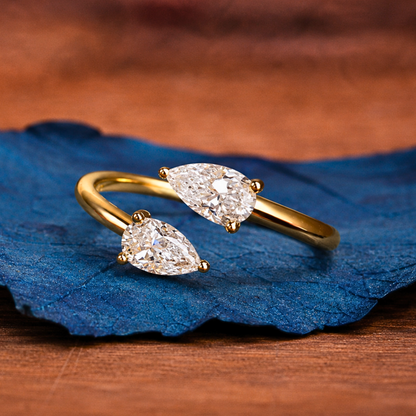 1.00 TCW Elegant Open Bypass Lab Grown Pear Cut Diamond Ring in Minimalist Double Stone Ring