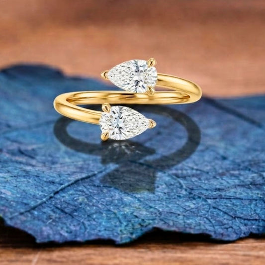 1.00 TCW Elegant Open Bypass Moissanite Diamond Pear Cut Diamond Ring in Minimalist Double Stone Ring