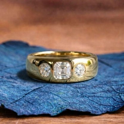 Luxury Three-Stone Asscher Cut Moissanite Diamond Gold Band Ring Minimal Modern Statement Ring