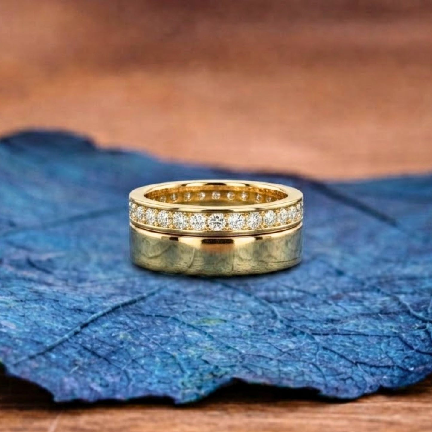 0.74 tcw classic gold couple band set with round brilliant lab grown diamond channel setting