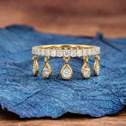 1.50 TCW Elegant Dangling Pear Cut Lab Grown Diamond Drop Ring in Gold Minimalist Pave Band Dangle Ring for Women