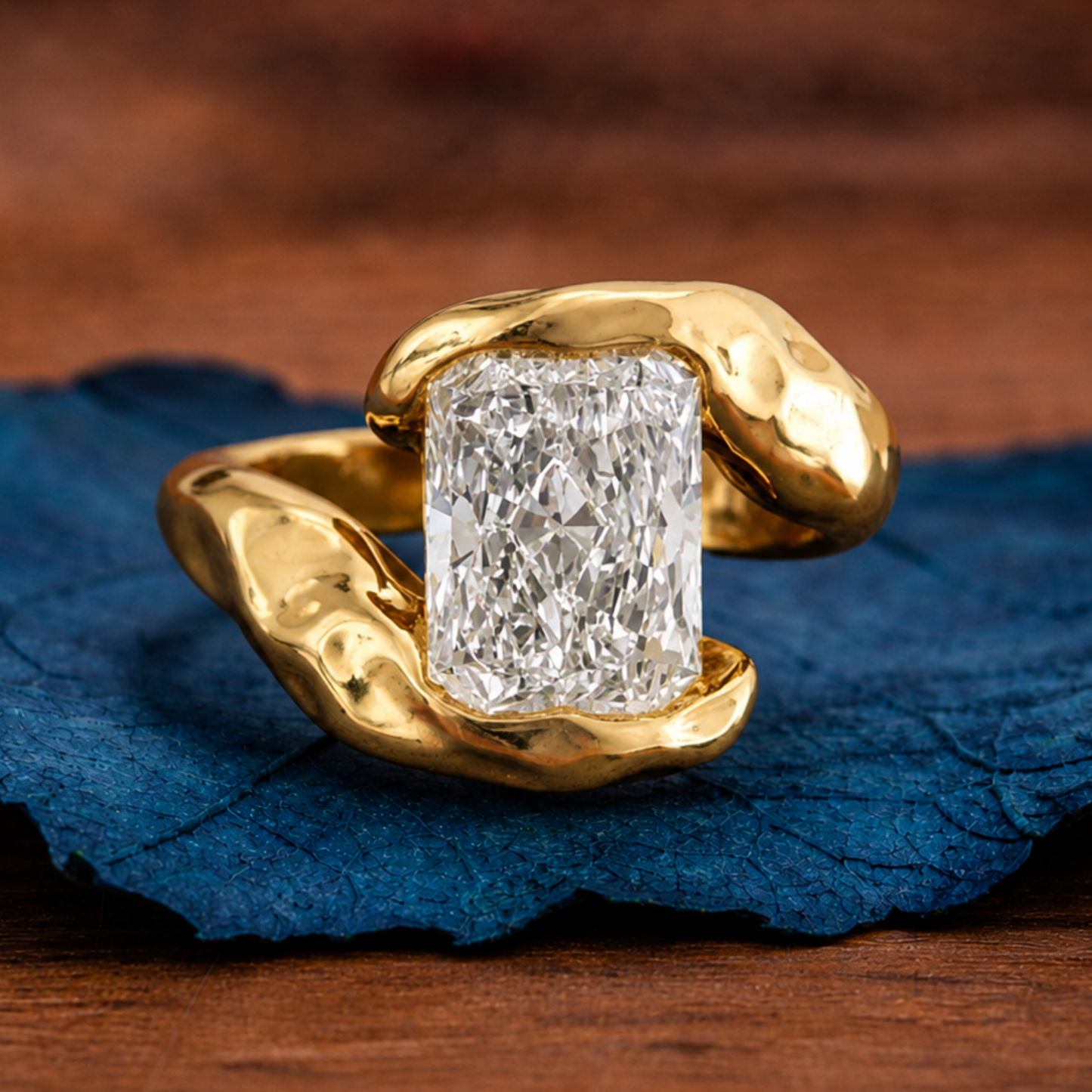 organic half bezel radiant lab grown unique engagement ring bypass solid gold wedding ring