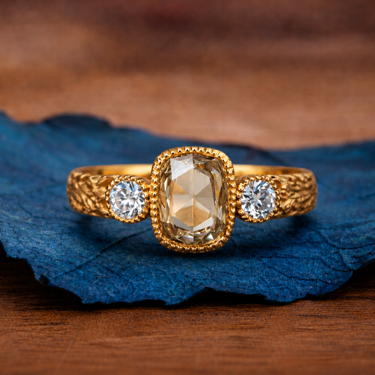 Vintage Milgrain Bezel Light Brown Cushion Rose Cut Moissanite Engagement Ring Three Stone Art Deco Gold Nature Inspired Ring