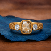 Vintage Milgrain Bezel Light Brown Cushion Rose Cut Lab Grown Engagement Ring Three Stone Art Deco Gold Nature Inspired Ring