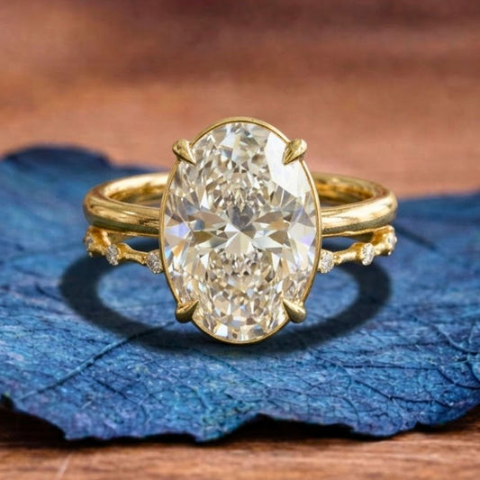 Oval Moissanite Engagement Ring Set Distance Pave Band Set Gold Bridal Wedding Ring Set