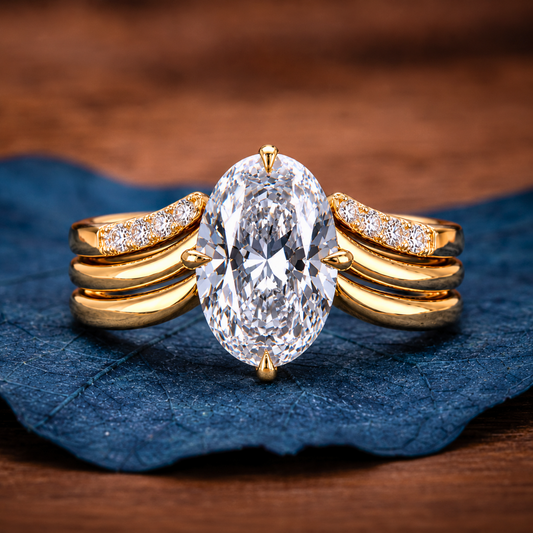 Oval Moissanite Diamond Ring Set with Curved Pavé Gold Bands, Luxury Bridal Engagement & Wedding Ring Set, Modern Statement Oval Cut Design