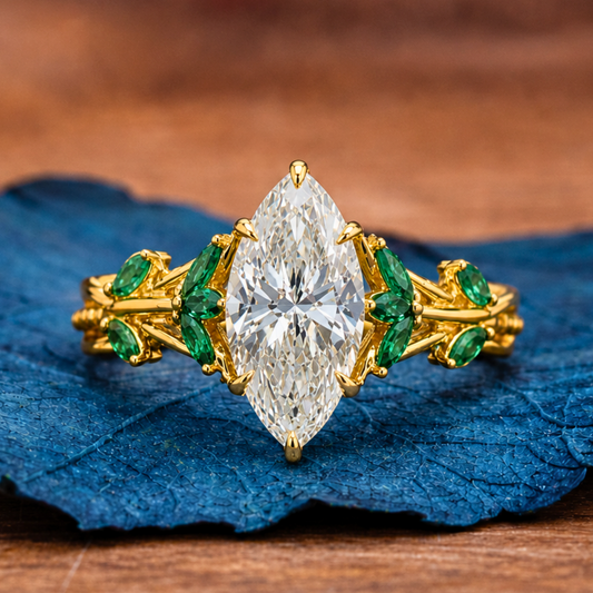 Marquise Cut Moissanite Diamond Floral Engagement Ring with Emerald Accents in Solid Gold Nature Inspired Vintage Design