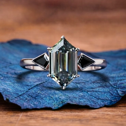 Grey Hexagon Cut Three Stone Engagement Ring in White Gold | Modern Geometric Vintage Inspired Lab Grown Diamond Ring
