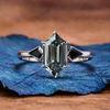 Grey Hexagon Cut Three Stone Engagement Ring in White Gold | Modern Geometric Vintage Inspired Lab Grown Diamond Ring