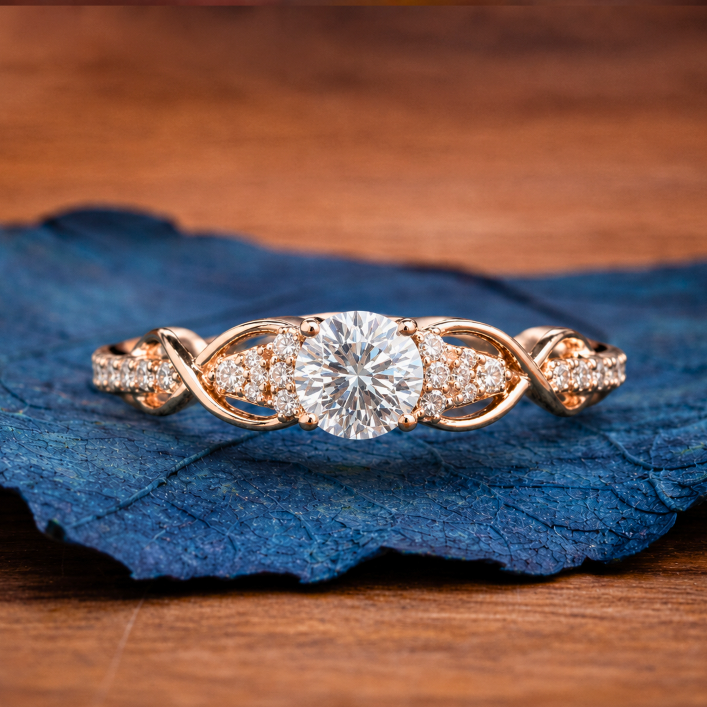 round cut diamond vintage inspired engagement ring with twisted gold band and side accents | elegant lab grown diamond ring