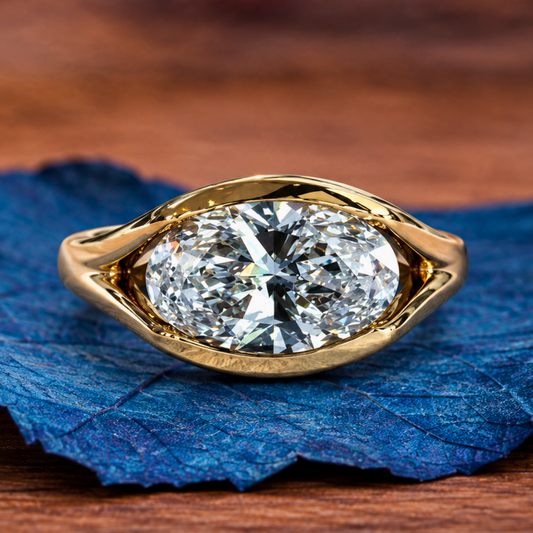 Half Bezel Oval Moissanite Engagement Ring East West Gold Split Shank Wedding Ring